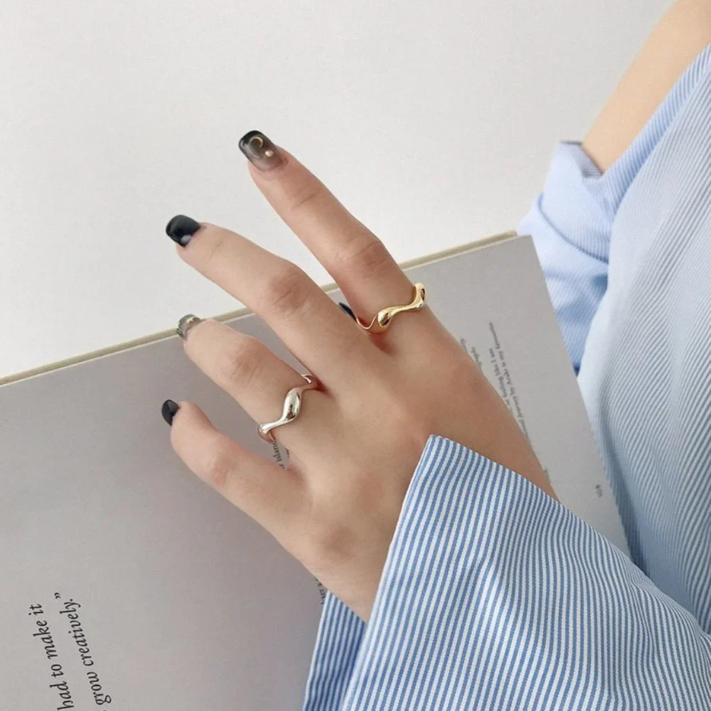 NEW Silver Gold Resizable Smooth Irregular Waves Gold Color Ring - Picture 4 of 6
